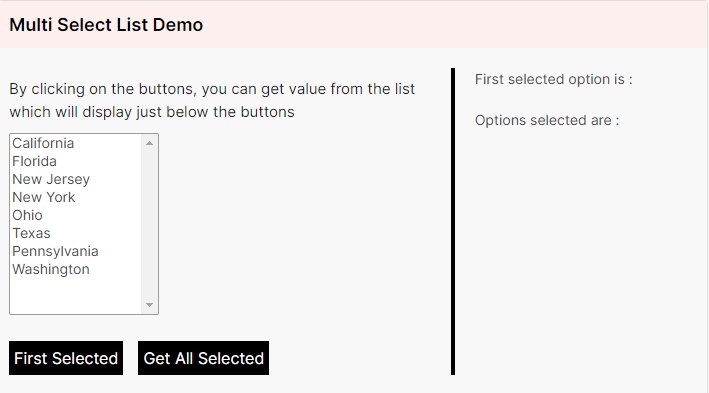 Multi Select List Demo after running deselectAll()