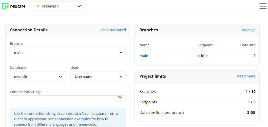 Screenshot of the Neon dashboard managed service at console.neon.tech.