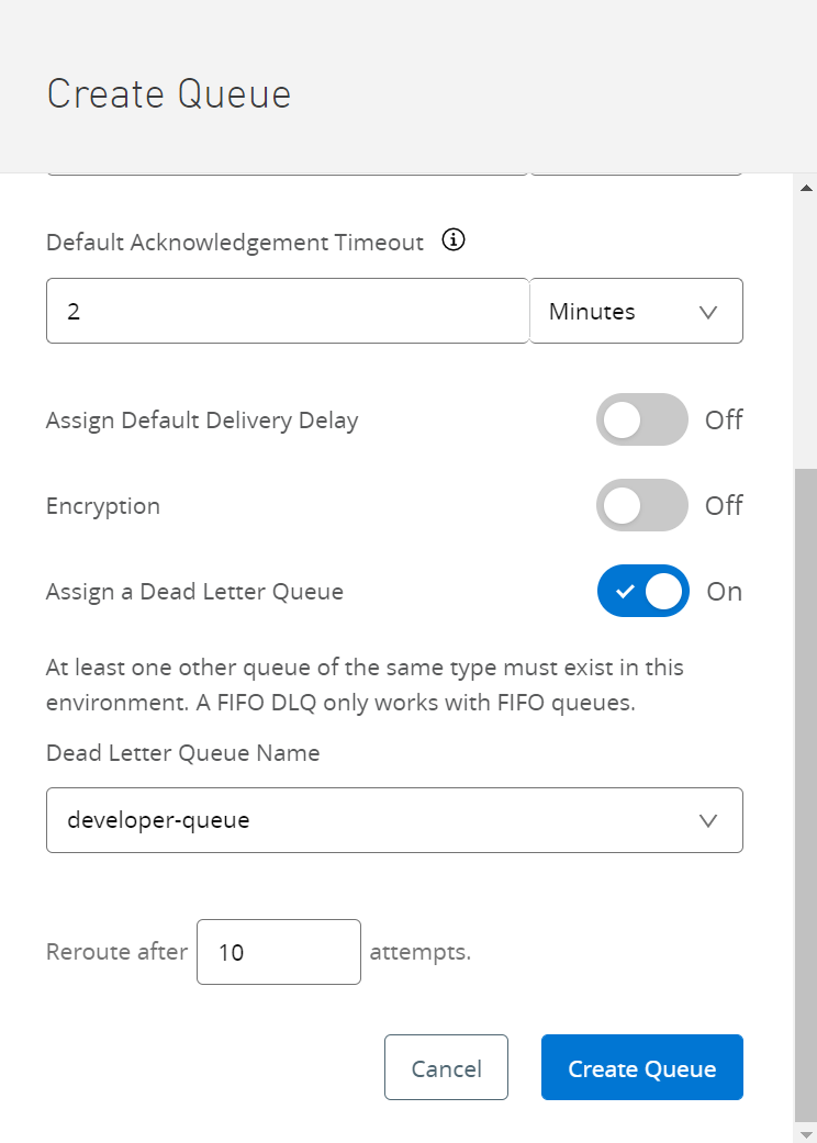 In the “Create Queue” panel, toggle the “Assign a Dead Letter Queue” option
