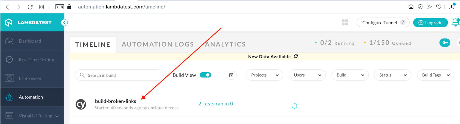 test execution status from the Automation Dashboard