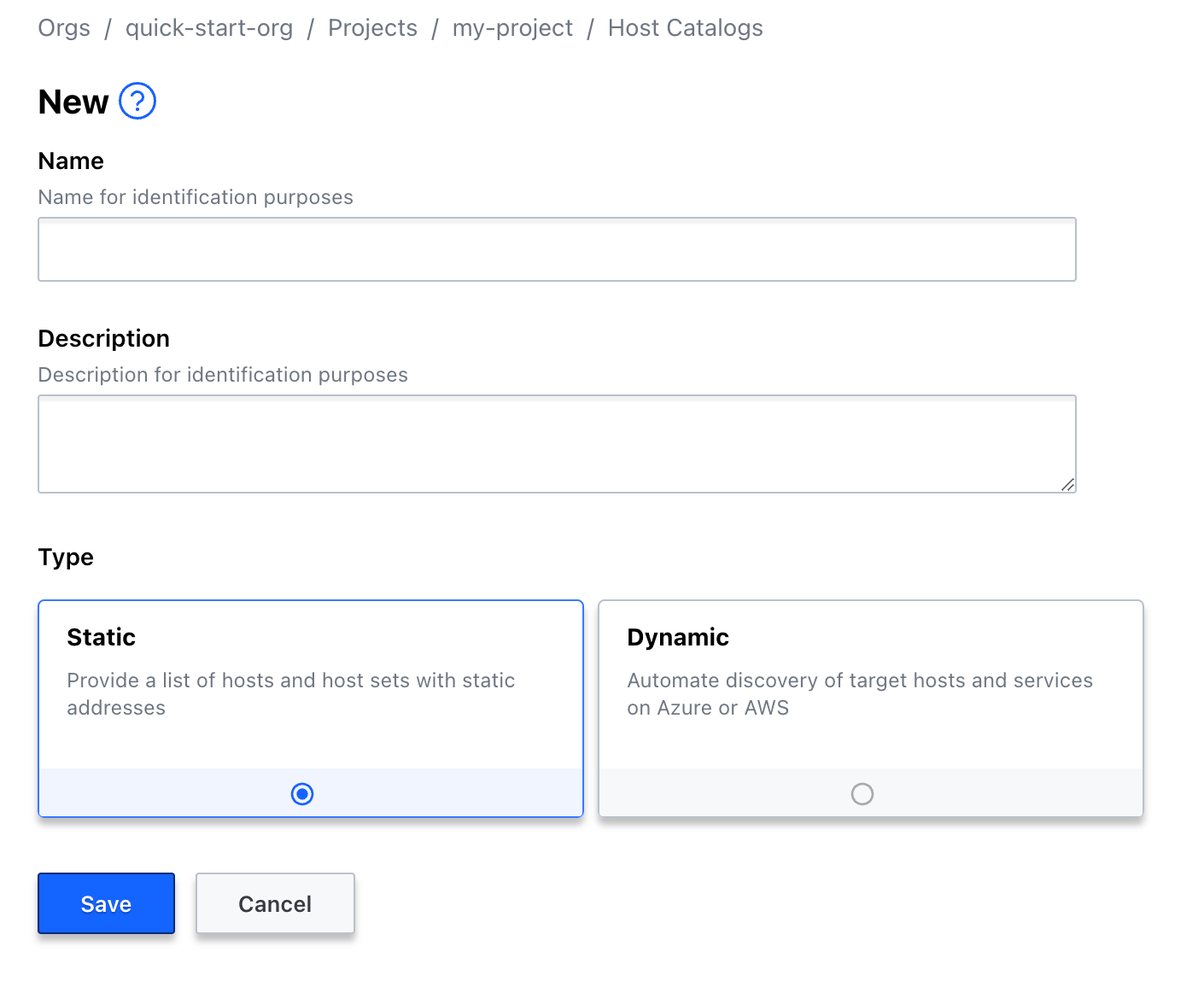 Enter quick-start-catalog in the Name field, select Static for the type, and click Save.