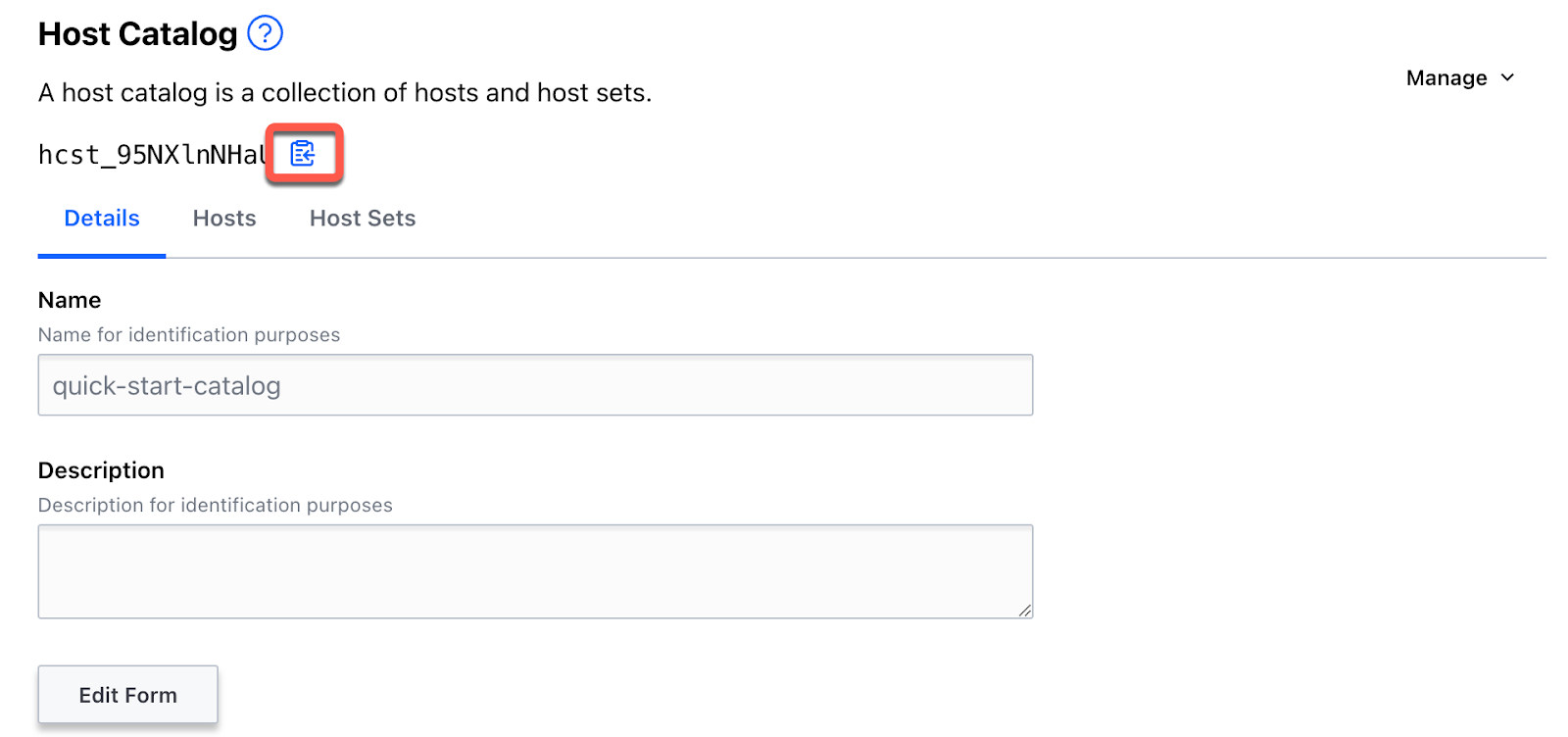 Click the copy icon for the host catalog ID.