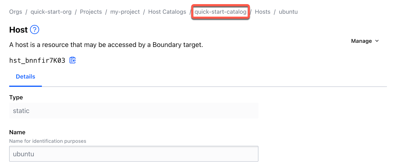Click quick-start-catalog in the breadcrumb navigation menu.