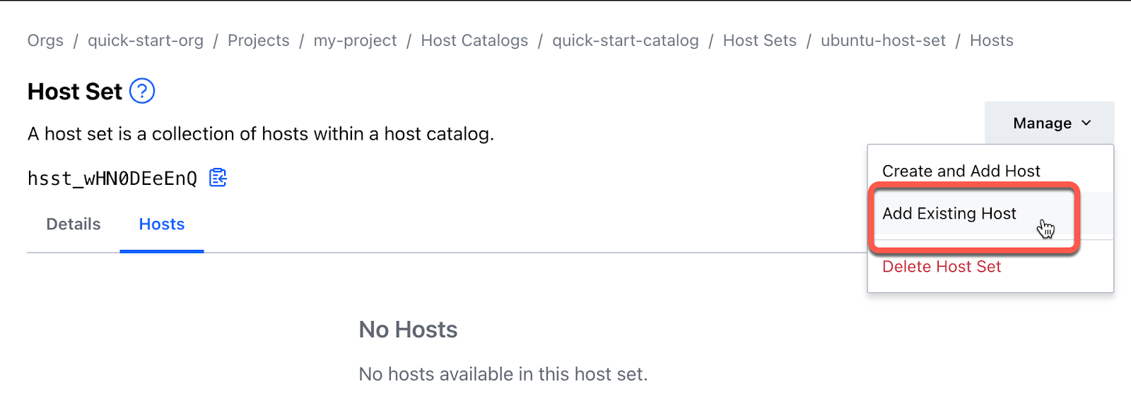 Click the Manage pull-down menu and select Add Existing Host.