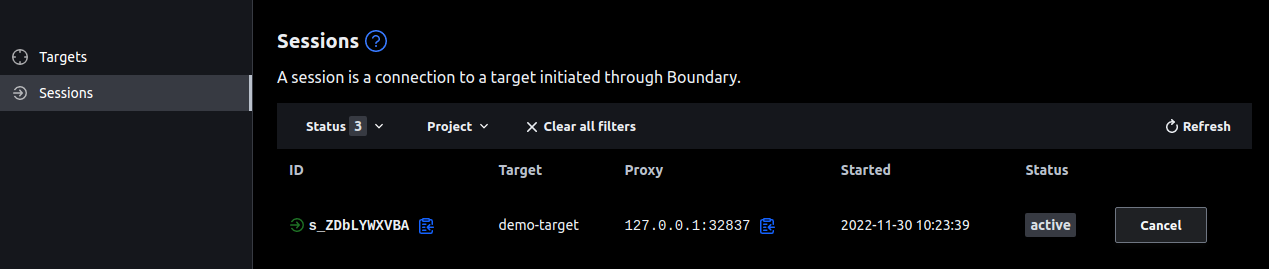 Target connection can be controlled and monitored from the Sessions tab.