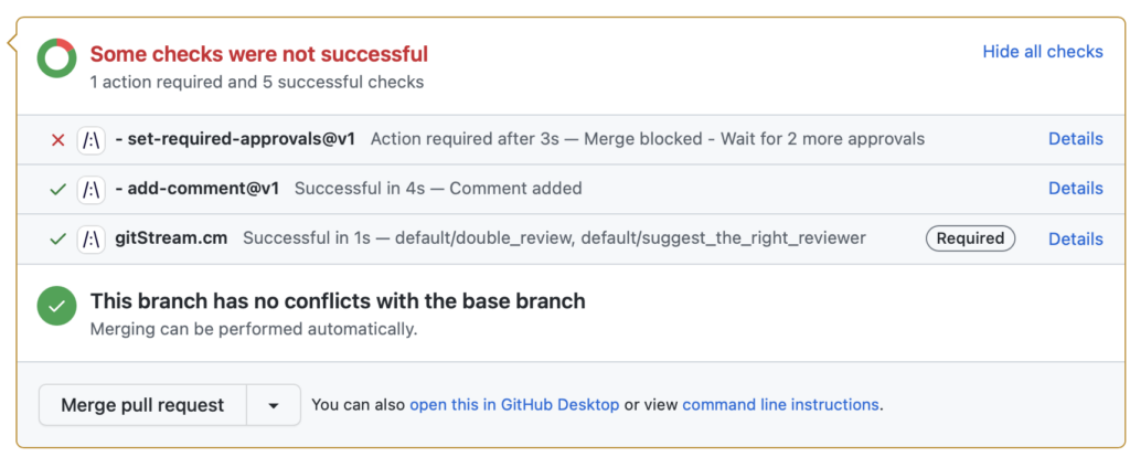 In the example above, the user has added a rule that requires two developers to approve PRs with more than 100 lines of code changed under the src directory.