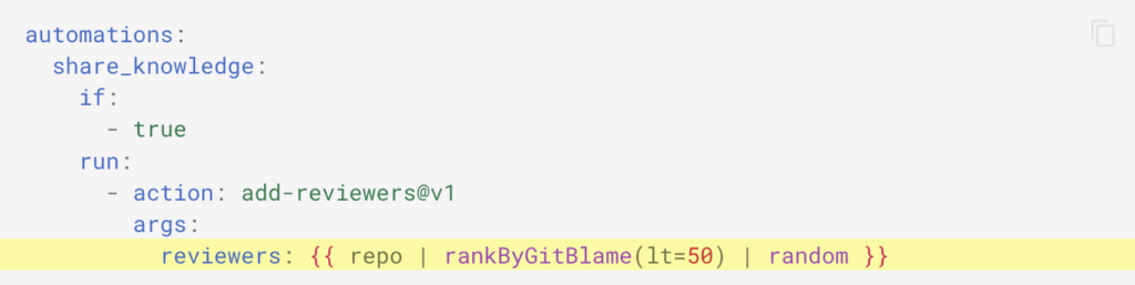 As seen in the rule below, by setting lt to 50, only those who contributed less than 50% of lines overall will be assigned to the PR.