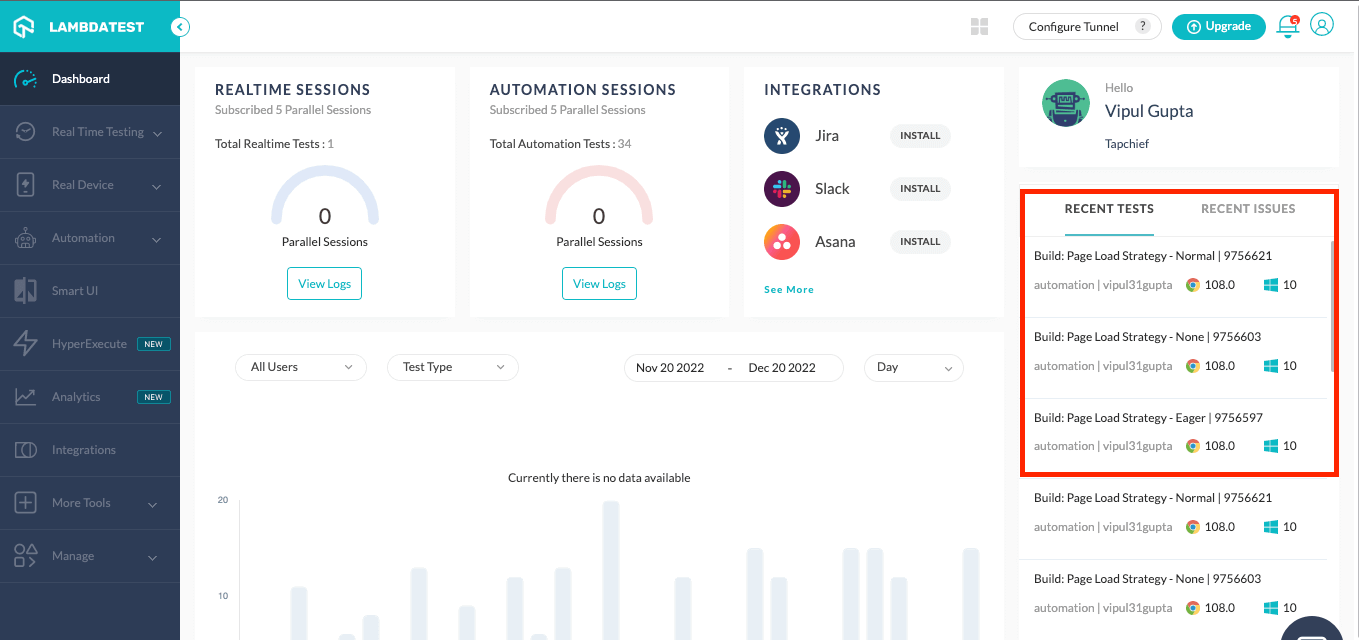You can also view the execution results by navigating to the LambdaTest Dashboard as shown below for each PageLoadStrategy.