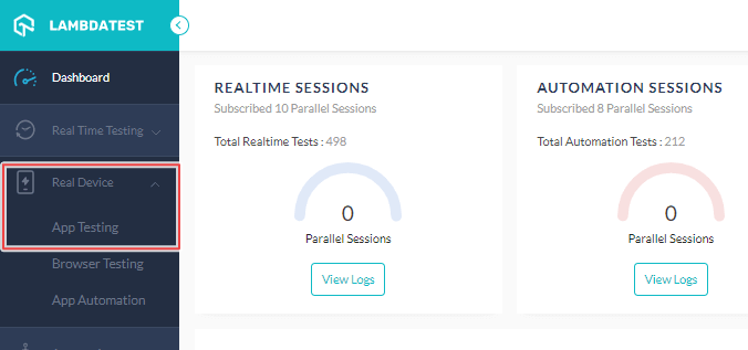 Real Device > App Testing in dashboard Go to Real Device > App Testing.