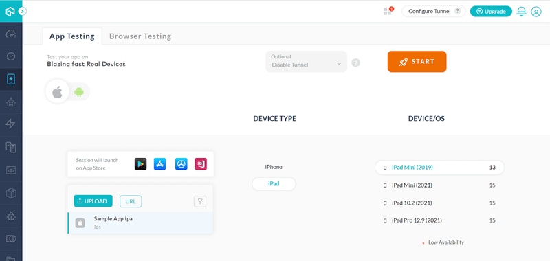 Choose OS type (Android or iOS), upload your app, and select BRAND and DEVICE/OS. Then click START.