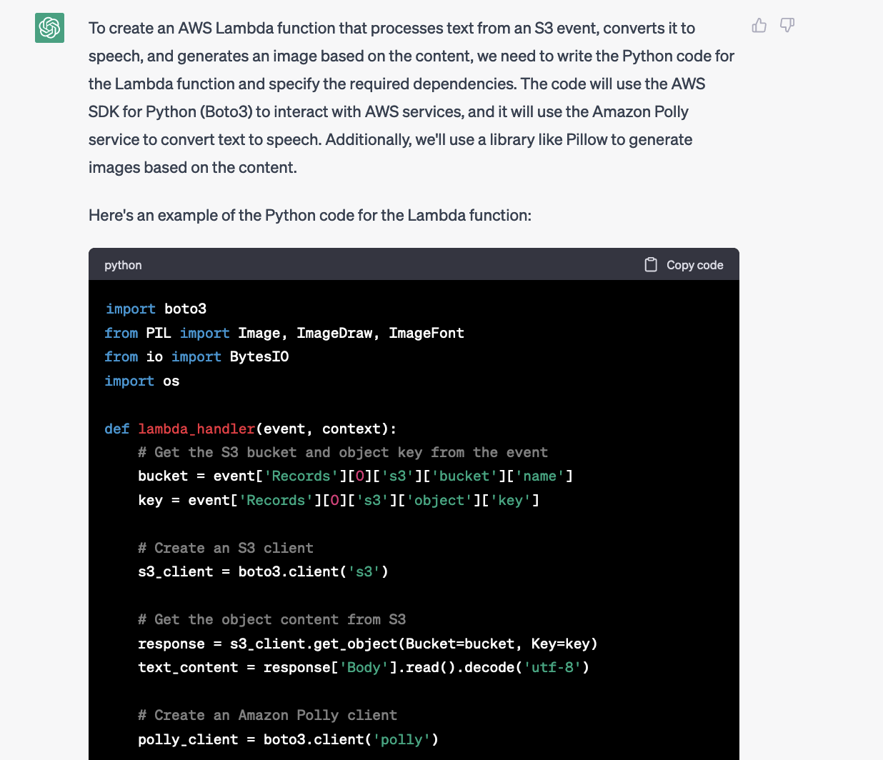 ChatAWS building the Lambda Function