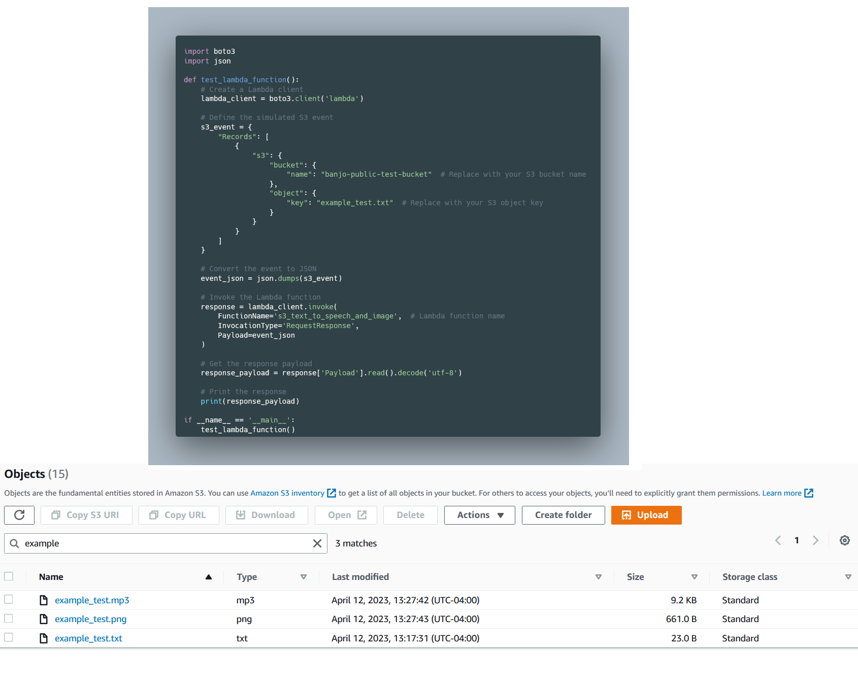 Testing the lambda function, and then showing the results with the mp3 and png files