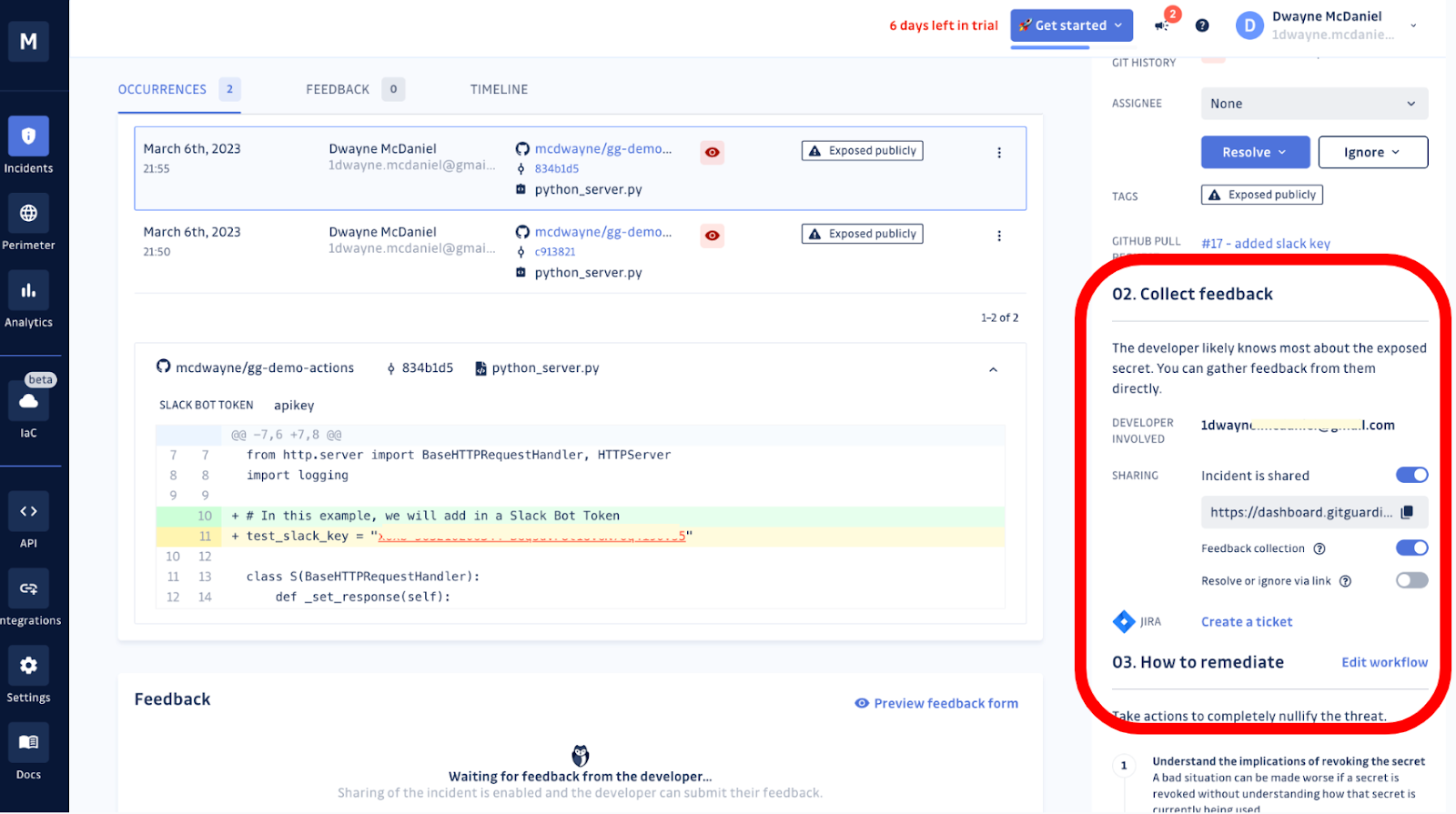 GitGuardian dashboard Collect Feedback menu in a incident view