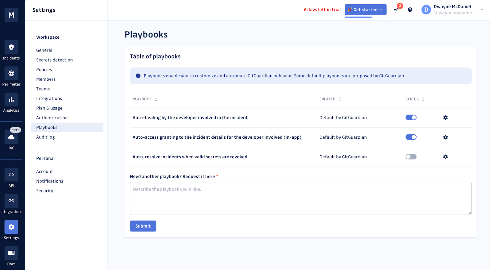 GitGuardian Playbooks shown in the settings menu in the GitGuardian dashboard.