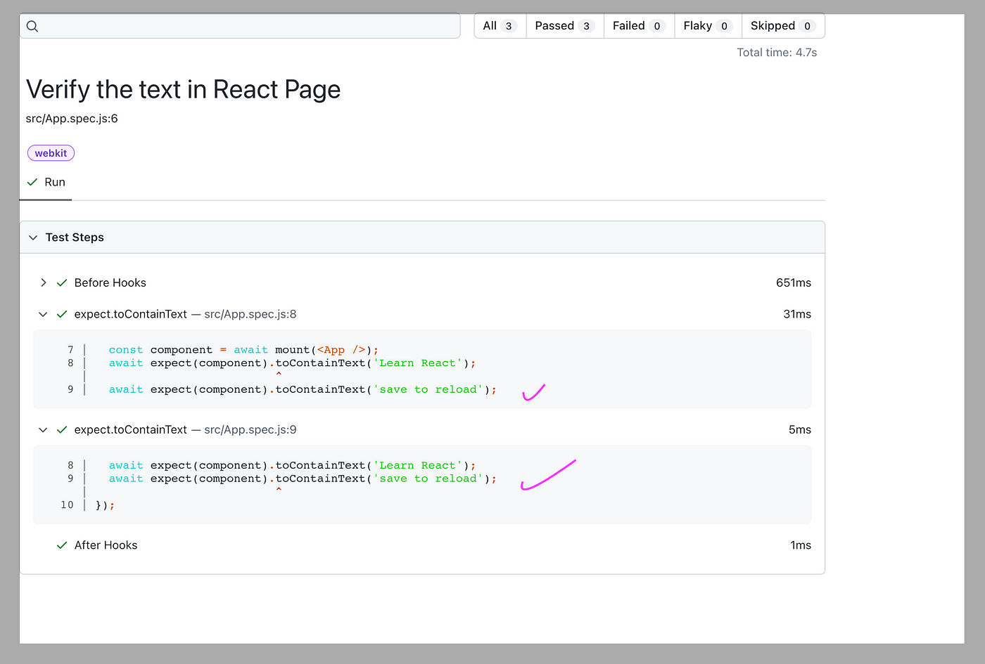 Verify the text in React Page