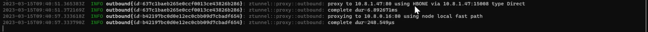 You will see in the logs of one of ztunnel pods that the communication is already happening over the HBONE (a secure overlay tunnel for communication between two pods in different nodes)