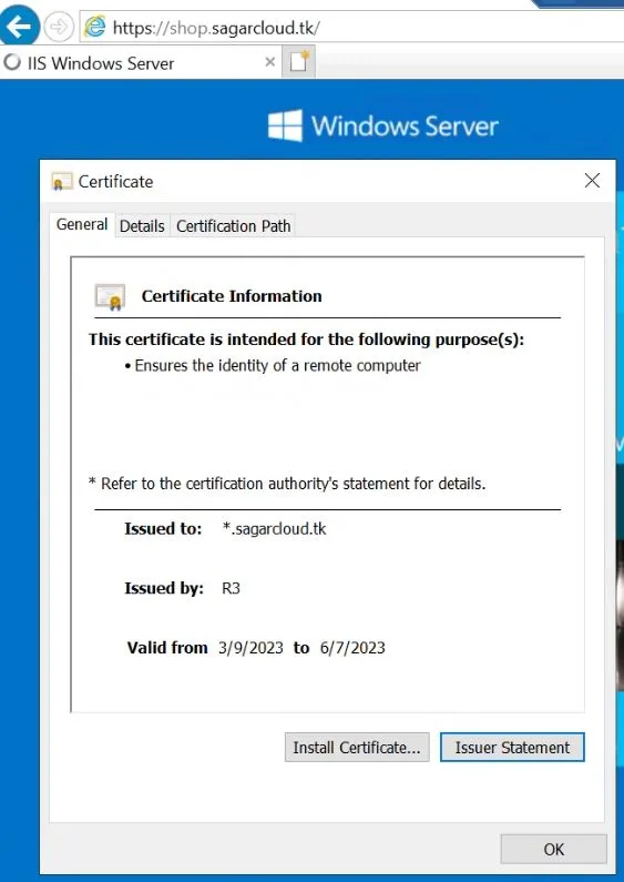 Now, you can access the website over the internet with a wildcard certificate. You can click on the lock icon on the browser to view the certificate.