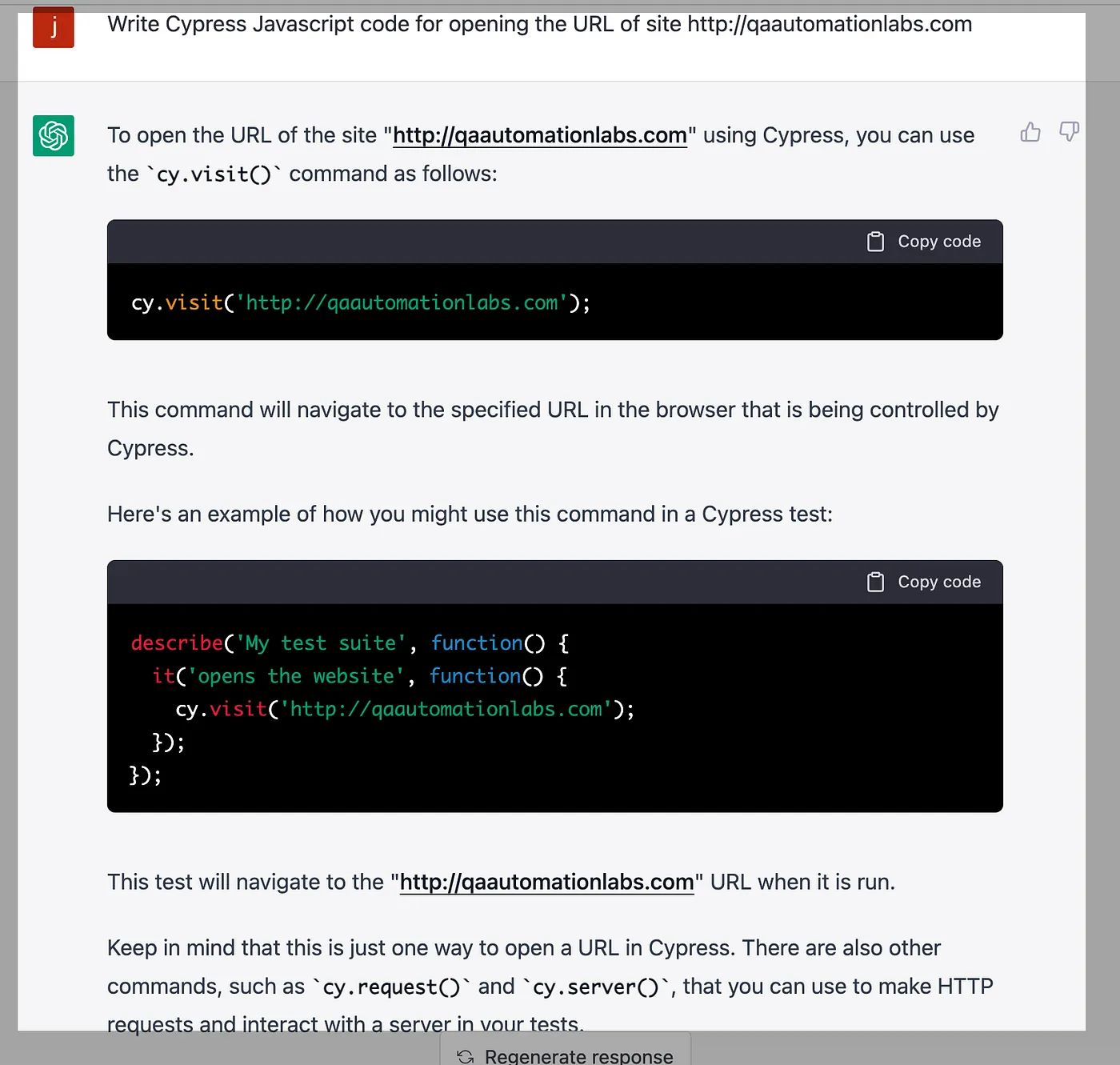 Generated Code by ChatGPT for the asked query