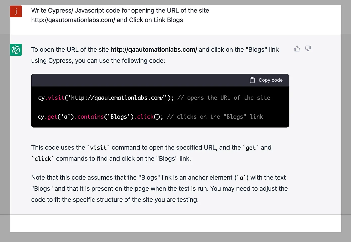 Write Cypress/ JavaScript code for opening the URL of the site and Click on the Link “Blogs.”