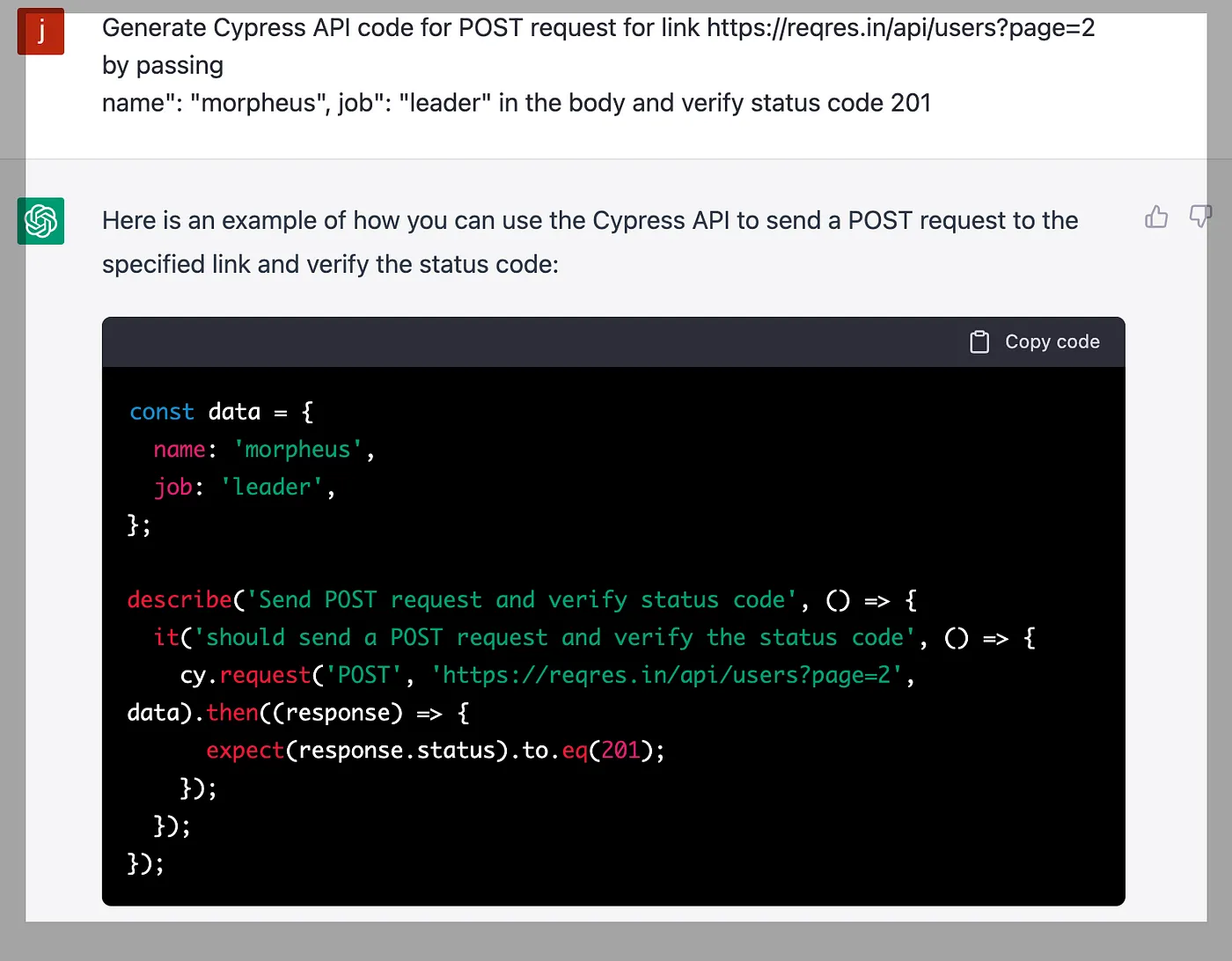 Generated Code by ChatGPT for the asked query