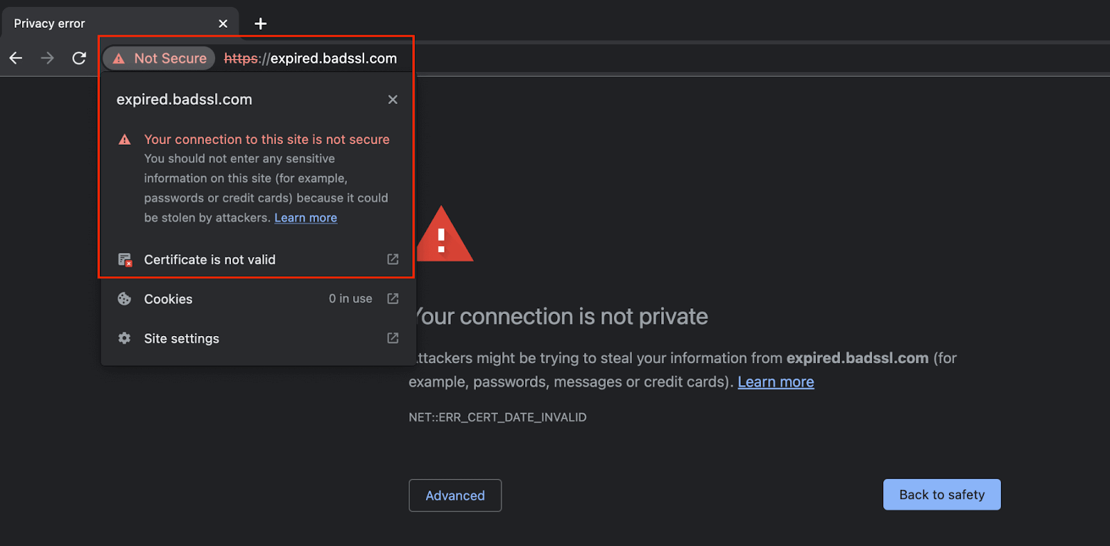 On loading a website with an untrusted certificate, you can see that on the web URL bar of the browser, it shows it as Not Secure like this.
