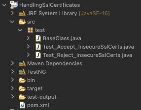 Inside the src folder, add a test package, and inside it, add three Java files