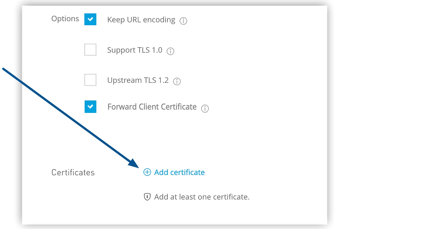 The arrow shows the Add certificate option in the Create Load Balancer page