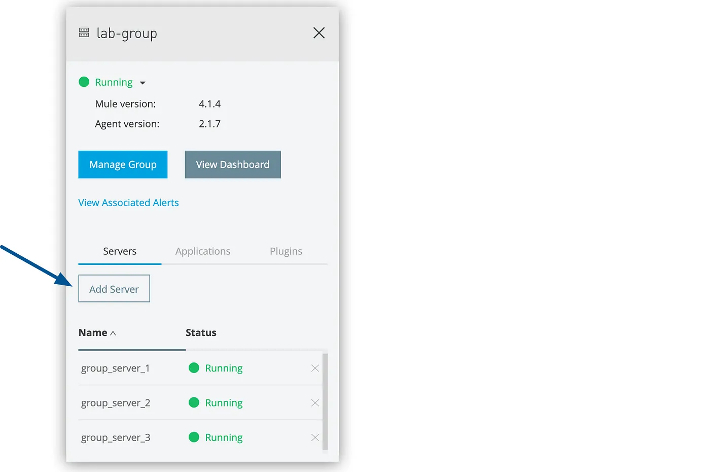 The arrow shows the Add Server button in the details pane