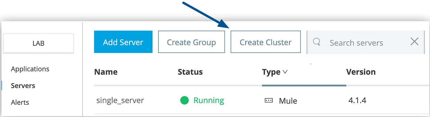 The arrow shows the Create Cluster button on the Servers page
