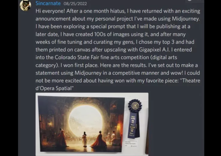 Midjourney: The AI That Won Over Humans 2 Allen would have gone unnoticed if he hadn’t posted a message on the Midjourney Discord server as soon as he learned of his victory
