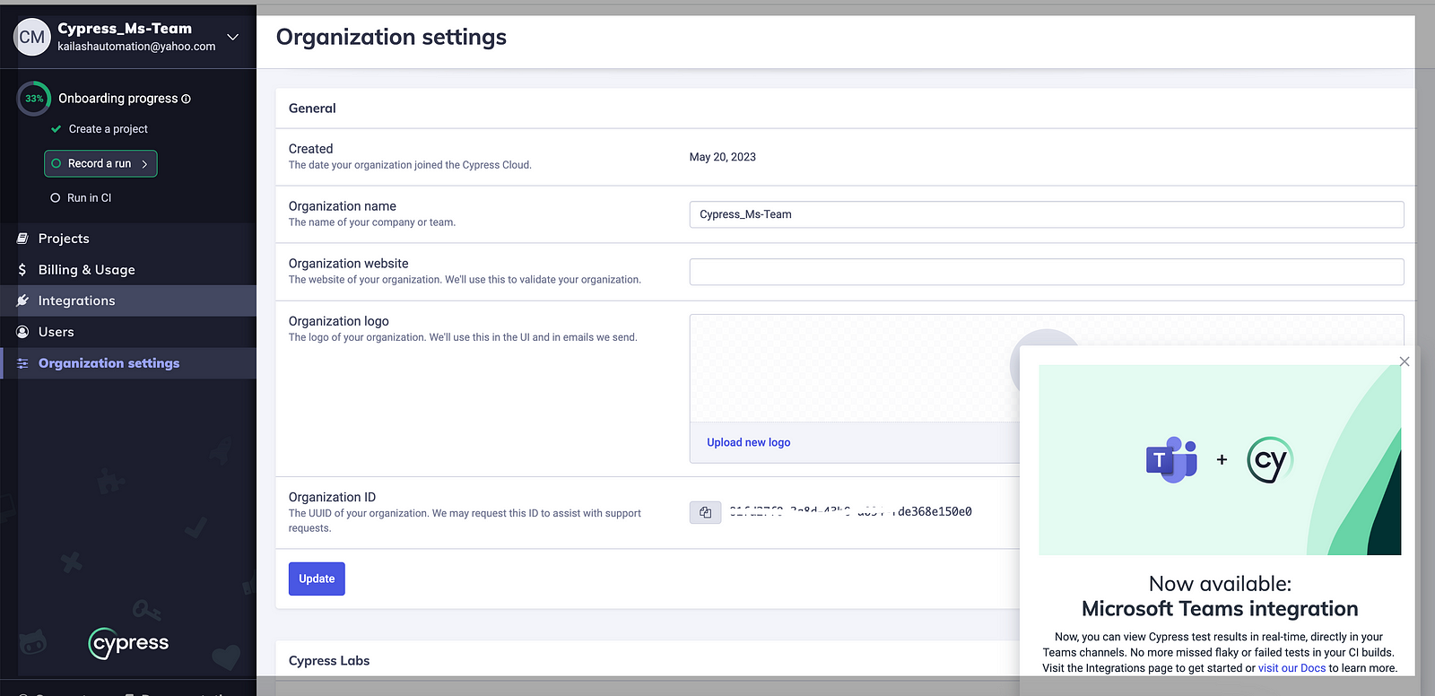 Login into Cypress Cloud and Open Organization settings.