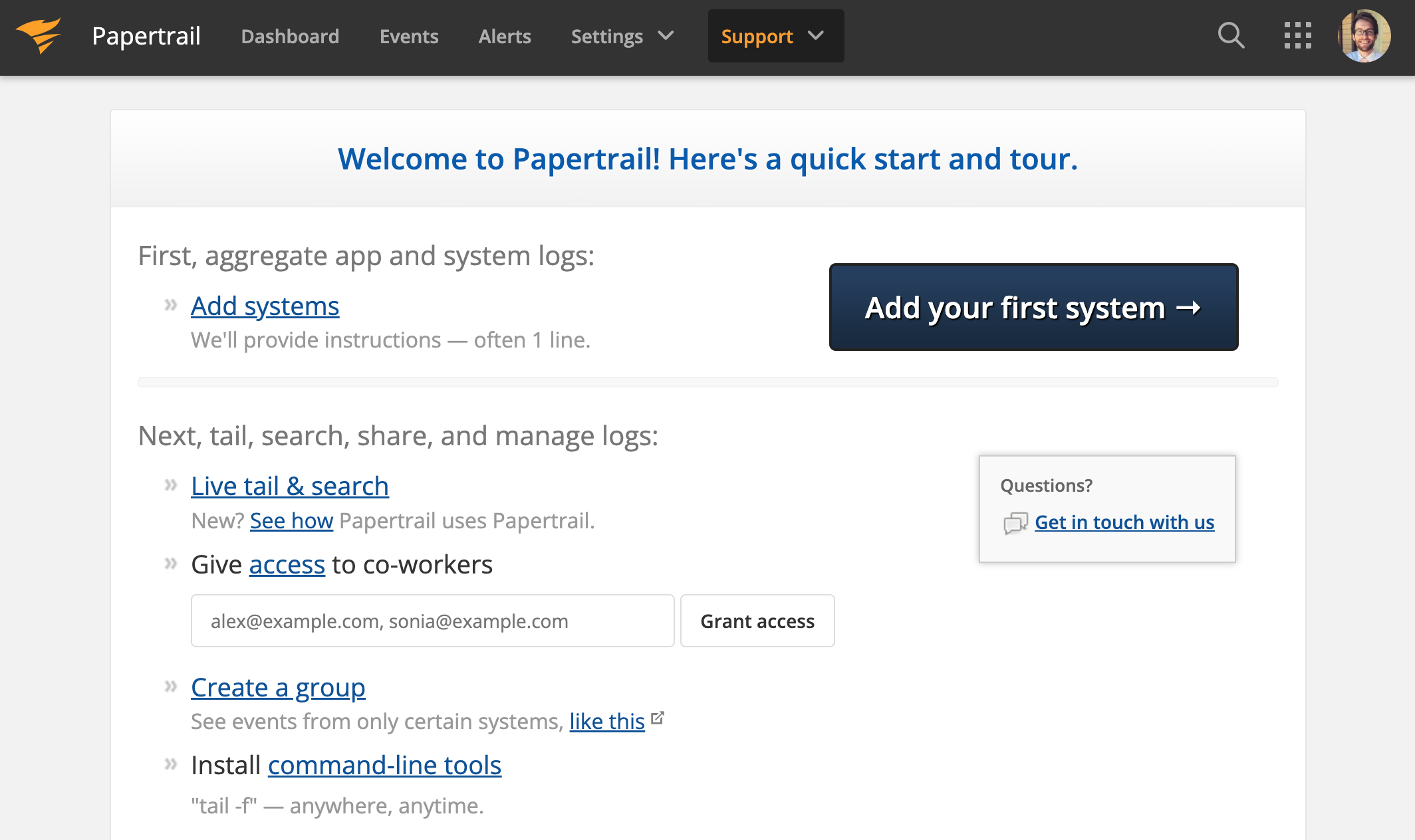 Adding your first system in Papertrail