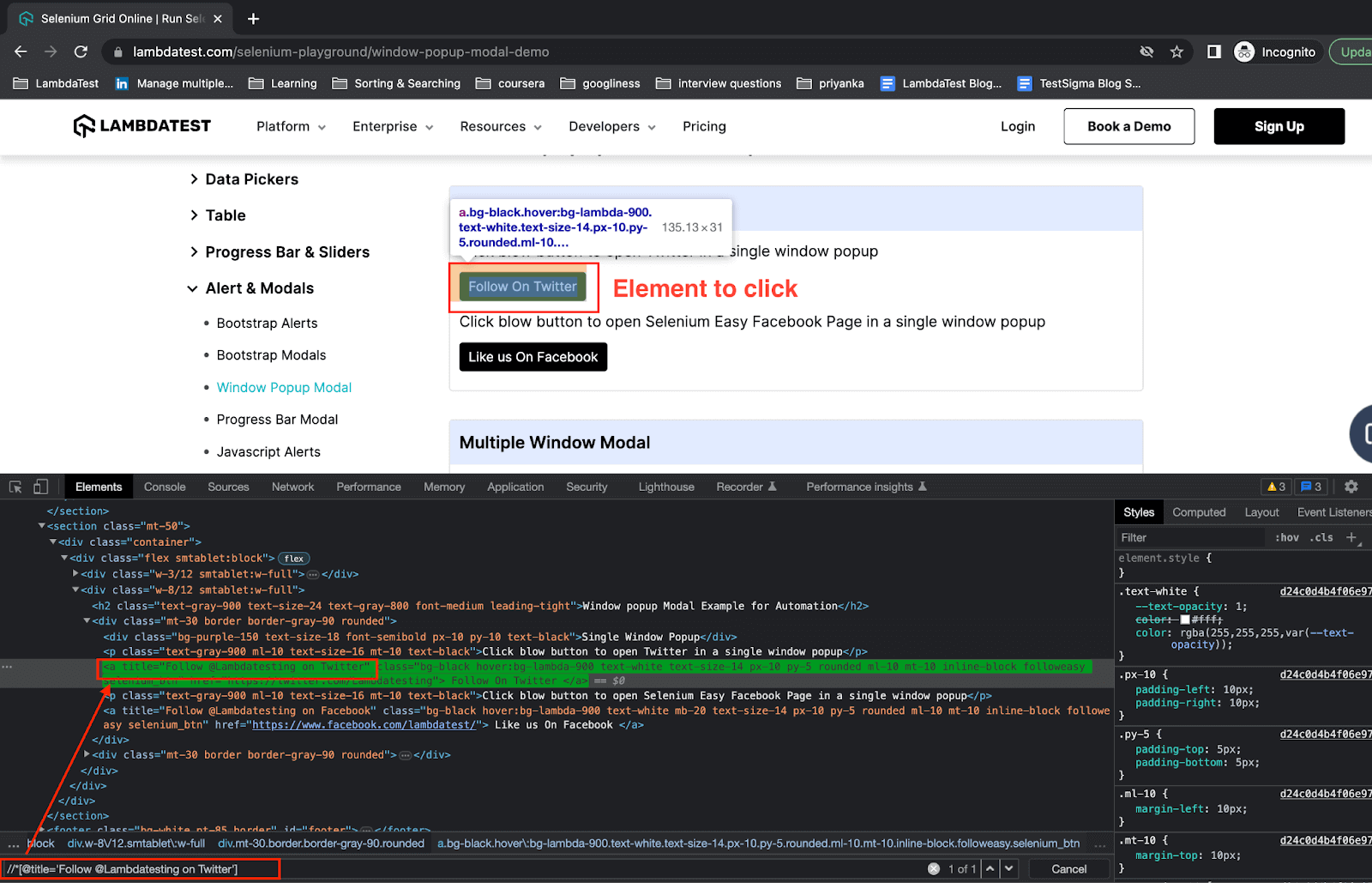 The driver.findElement() method in Selenium and use XPath as a web element locator.