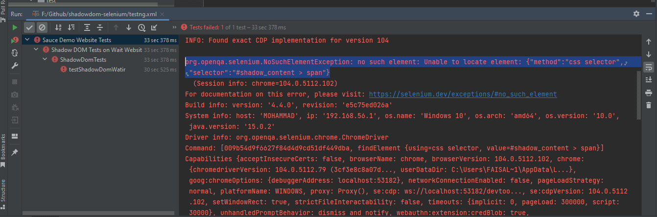 Error on running the tests shows nosuchelementexception.