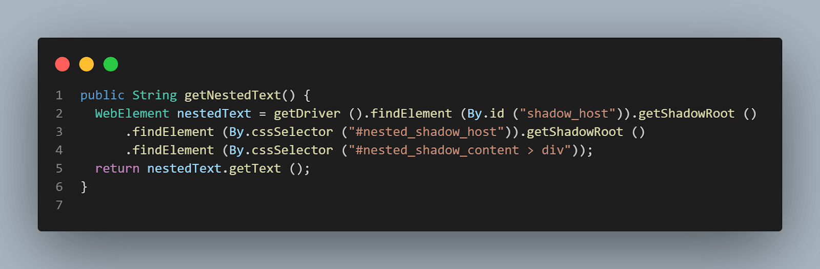 Checking the nested Shadow DOM element using the getShadowRoot() method and writing fluently.