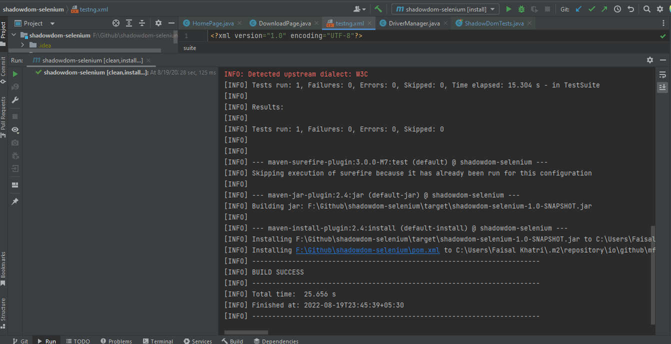 Shows the execution status of the tests using Maven.
