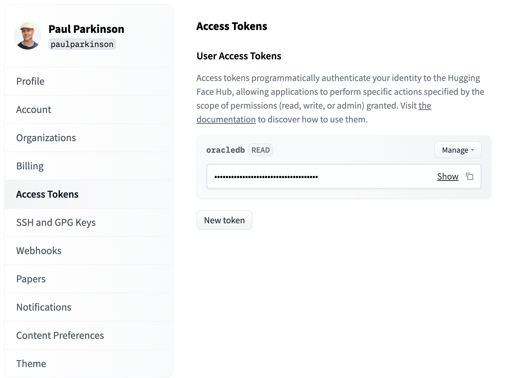 Access tokens tab