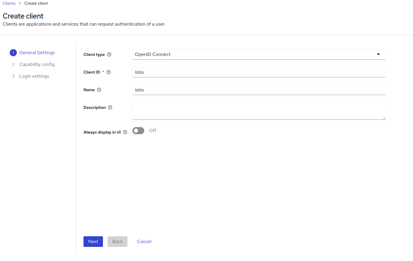 Select OpenID Connect as the client type and give Istio as the Client ID. Add Istio as the Name for the client and click next.