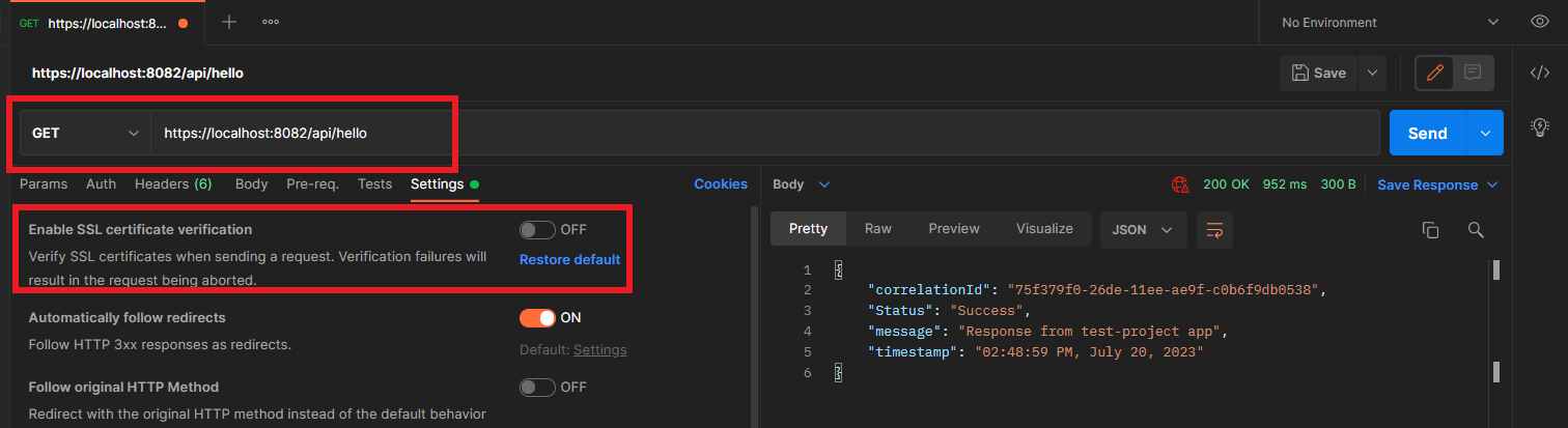 When the project gets deployed locally, make a call to the endpoint with HTTPS protocol using Postman. Make sure to disable the SSL Certificate Validation in the Postman for local testing.