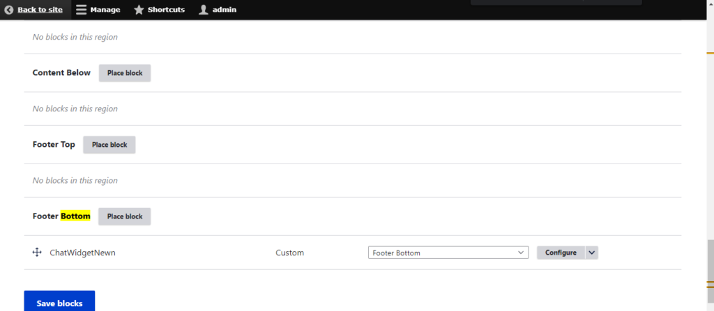 Navigate to the “Footer bottom” block and click on the “Place block” button.
