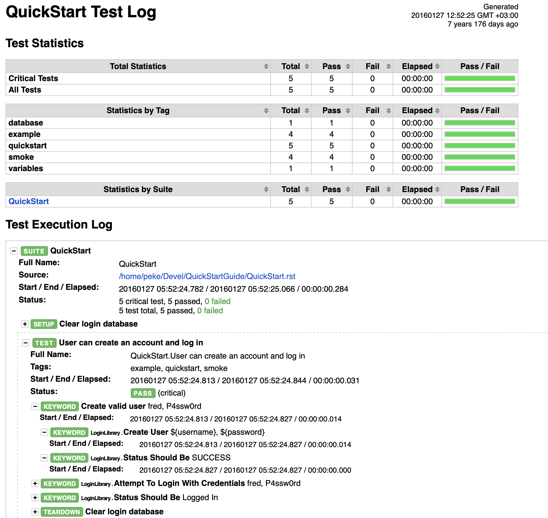 QucikStart Test Log