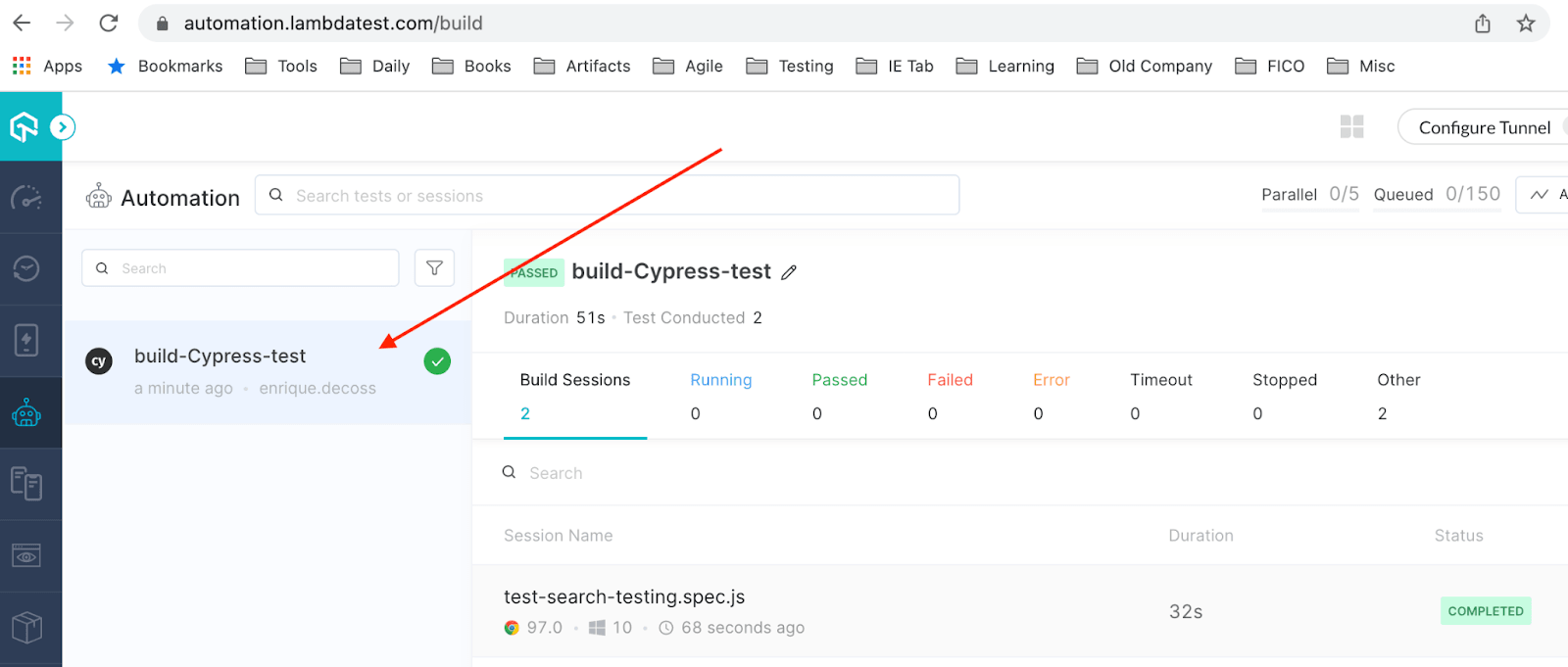 The test execution status from the LambdaTest Automation Dashboard.