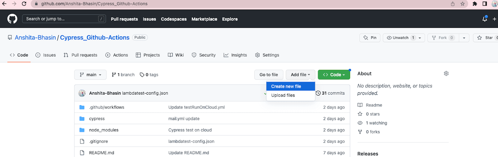 Create a workflow: Click on Add file > Create new file.