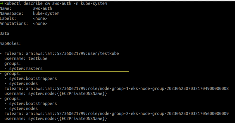 Update the aws-auth configmap on the cluster with username and role arn
