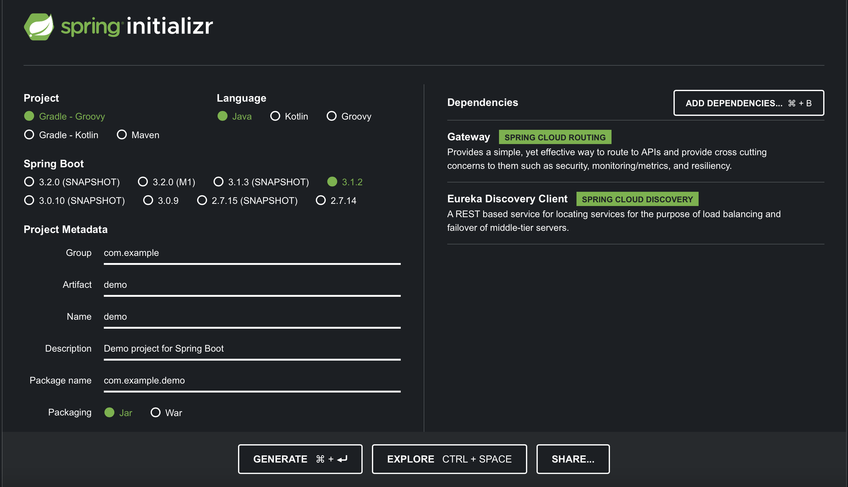 Add the Gateway and Eureka Discovery Client libraries, then click the generate button