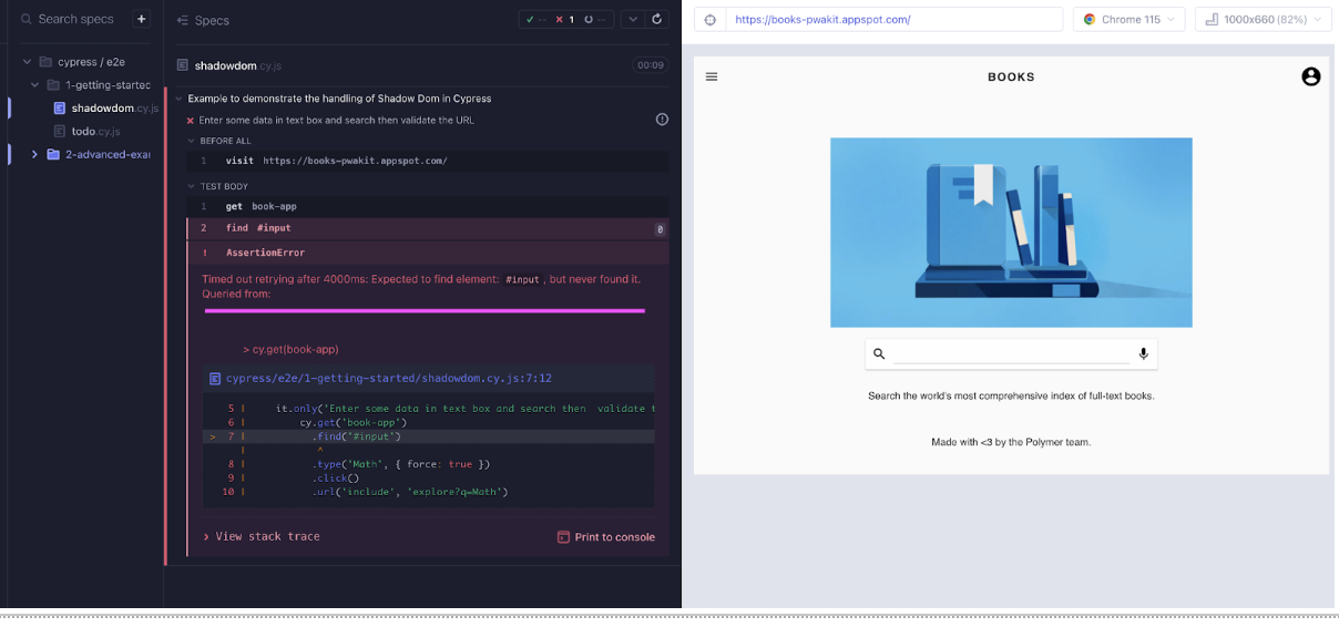 you can see the Error “Expected to find element: #input, but never found it. Queried from:”