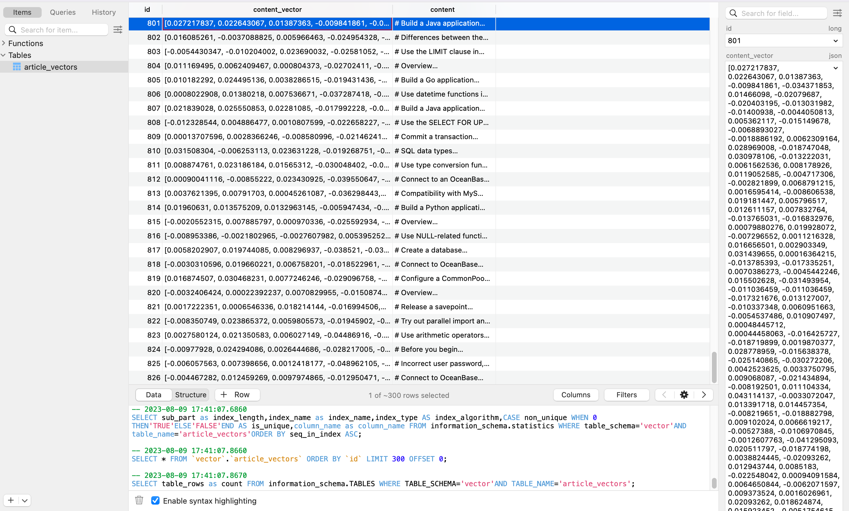 see all the records and their embeddings