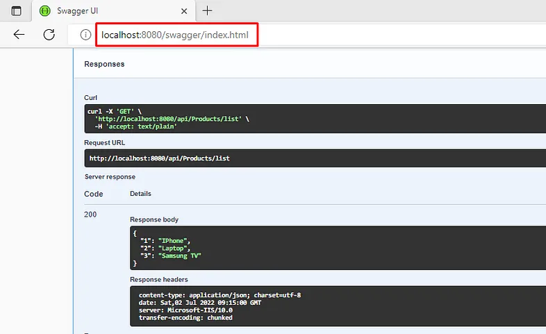 In the browser, when you hit the Web API endpoint using Swagger, then will see the following list of products as an output.