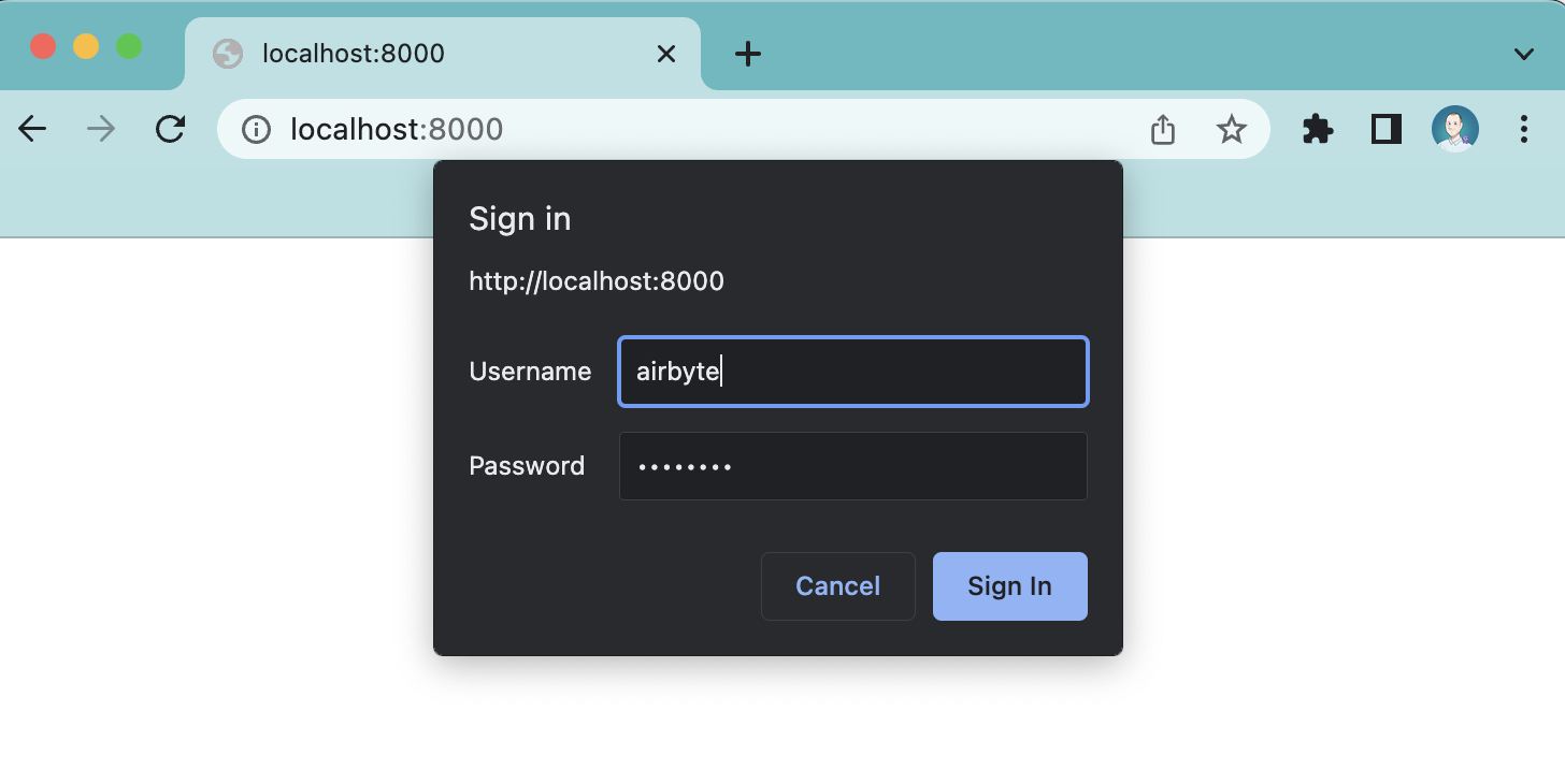 Airbyte OSS login prompt