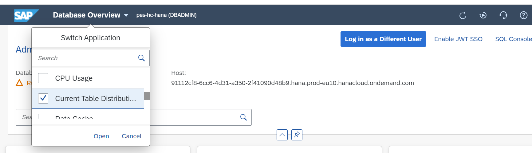 In the HANA Cockpit, click on ‘Switch Application’ and then ‘Current table Distribution’ from the drop-down.